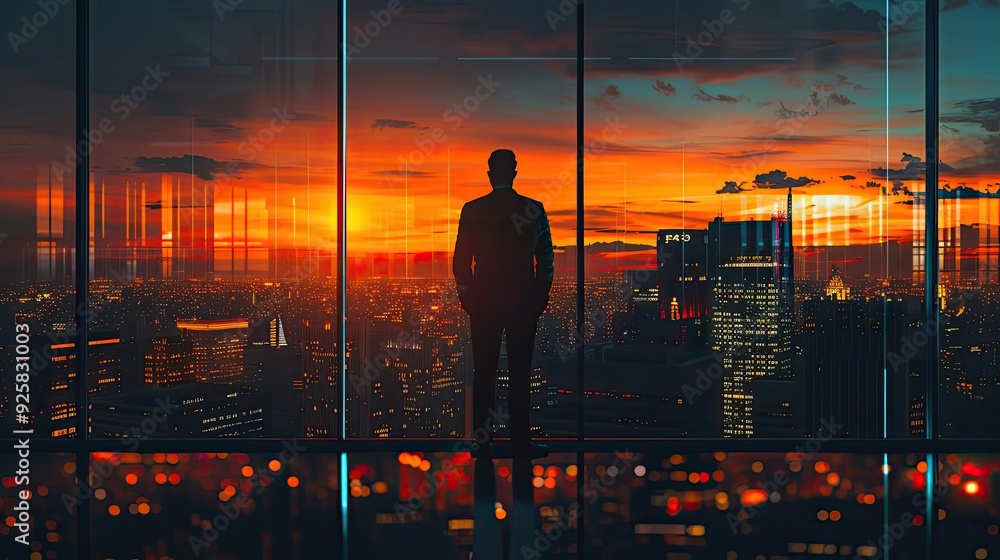 Fototapeta premium Silhouette of a businessman standing by a large window, overlooking a vibrant sunset cityscape filled with skyscrapers.