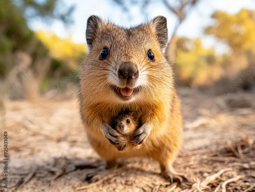Happy quokka holding a baby in its arms during a golden sunset in a nature park Happy quokka holding a baby in its arms during a golden sunset in a nature park