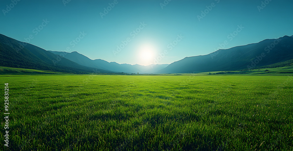 Obraz premium A breathtaking view of a vast green field extending towards distant mountains under a bright, clear blue sky. 