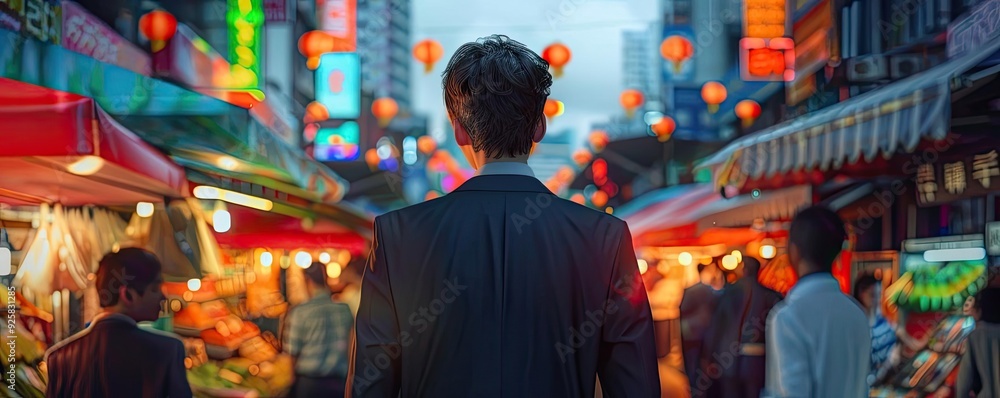 A man in a suit observes a vibrant street market filled with colorful stalls and lanterns, capturing the essence of urban life. A man in a suit observes a vibrant street market filled with colorful stalls and lanterns, capturing the essence of urban life.