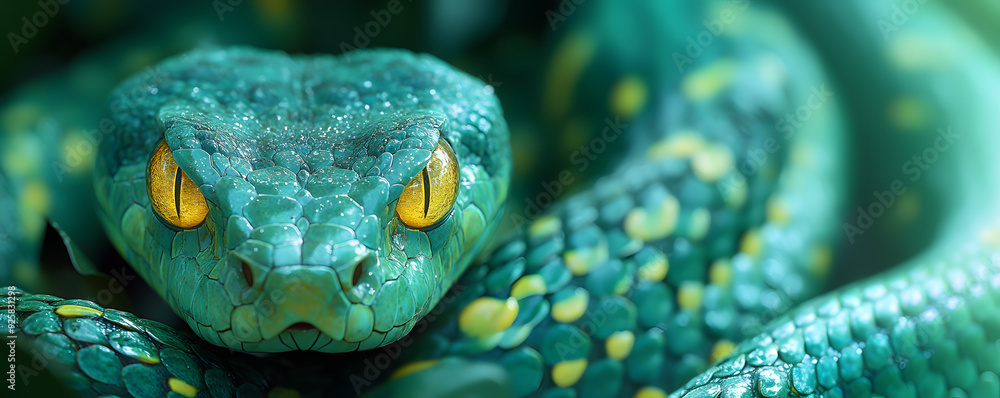 A stunning close-up of a vibrant green snake with mesmerizing yellow eyes A stunning close-up of a vibrant green snake with mesmerizing yellow eyes