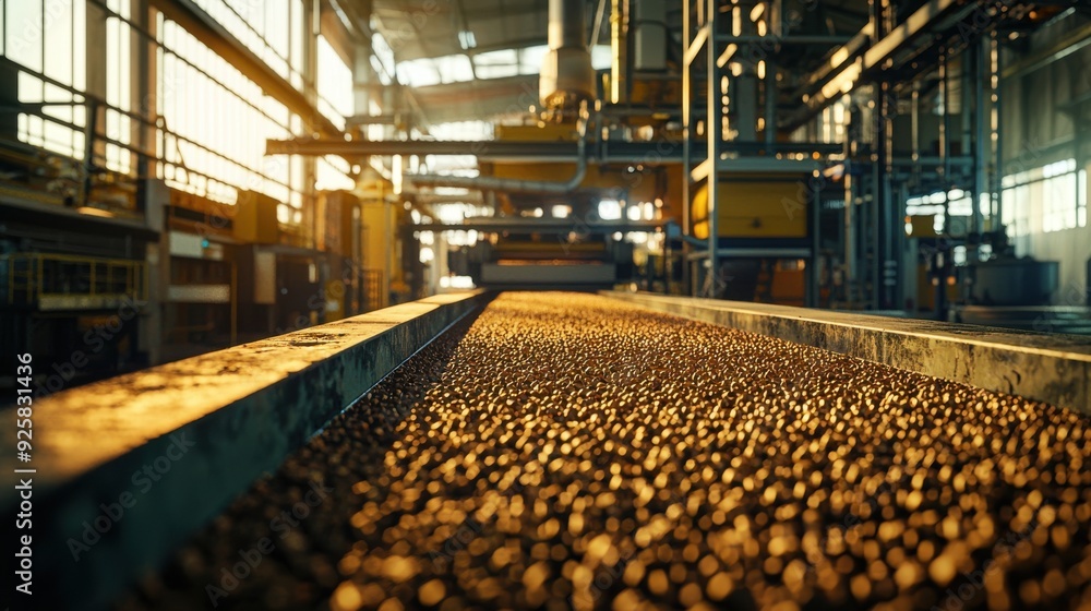 Close-up of a production line in a modern factory, showcasing machinery and materials in a sunlit industrial setting. Close-up of a production line in a modern factory, showcasing machinery and materials in a sunlit industrial setting.
