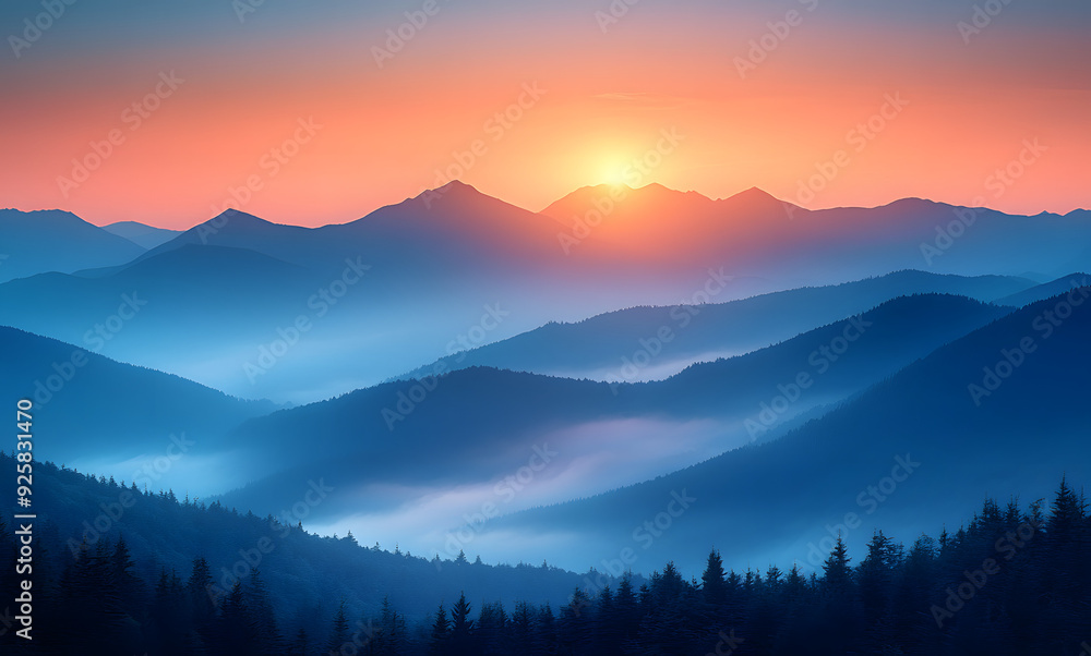 A stunning view of mist-covered mountains at sunrise, showcasing the delicate layers of rolling hills and peaks bathed in soft hues of blue and orange. A stunning view of mist-covered mountains at sunrise, showcasing the delicate layers of rolling hills and peaks bathed in soft hues of blue and orange.