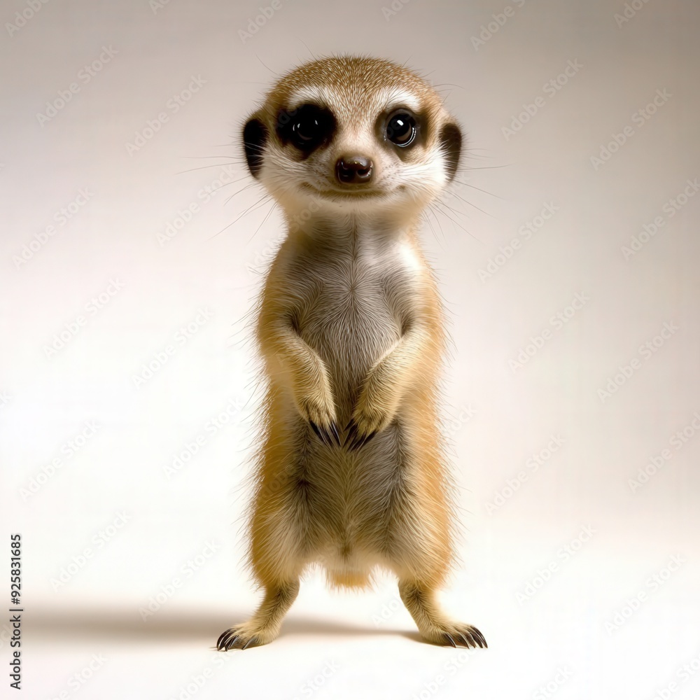 A curious meerkat stands upright, gazing inquisitively against a soft background