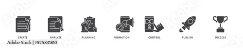 Content strategy icon infographic illustration concept with icon of create, analyze, planning, promotion, control, publish and success icon live stroke and easy to edit 