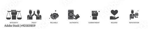 Credibility icon infographic illustration concept with icon of integrity, trust, reliable, authentic, commitment, regard, and reputation icon live stroke and easy to edit 
