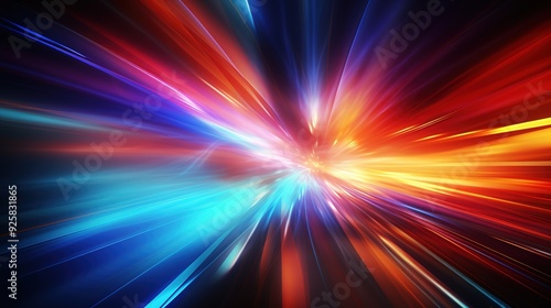 Abstract vibrant light streaks radiating from a central point.