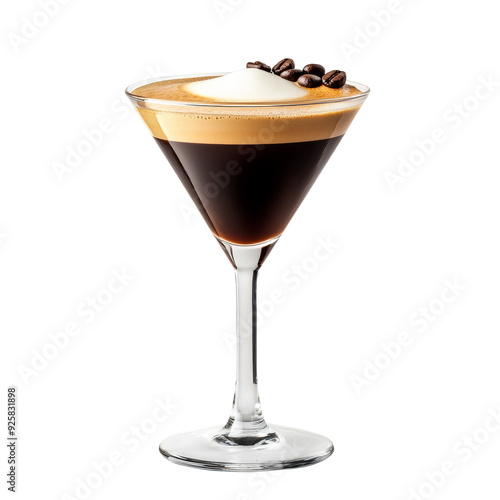 Espresso martini cocktail in martini glass with coffee beans, delicious alcoholic drink for night party.