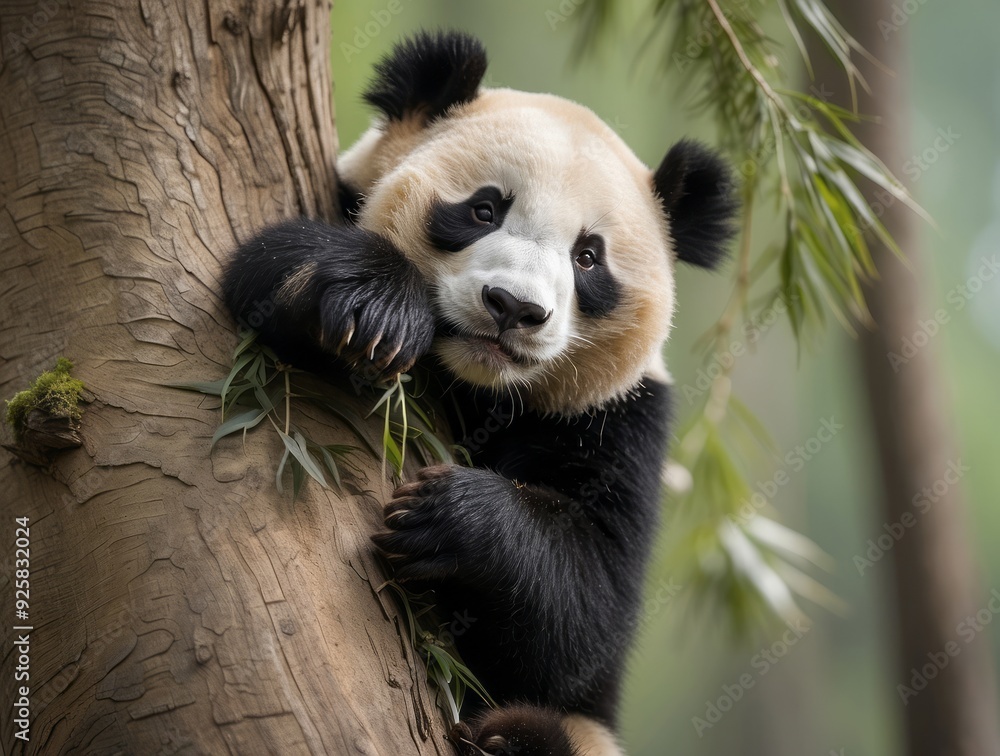 Obraz premium Giant Panda Climbing Tree with Green Leaves