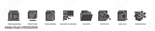 Data science icon infographic illustration concept with icon of data, classification, analyze, statistics, solving, decision and knowledge icon live stroke and easy to edit 
