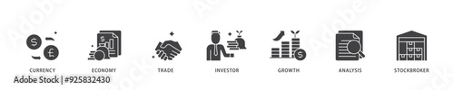 Forex icon infographic illustration concept with icon of currency, economy, trade, investor, growth, analysis and stockbroker icon live stroke and easy to edit 