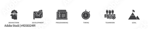 Hackathon icon infographic illustration concept with icon of brainstorm, development, programming, timing, speed, teamwork, and goal icon live stroke and easy to edit 