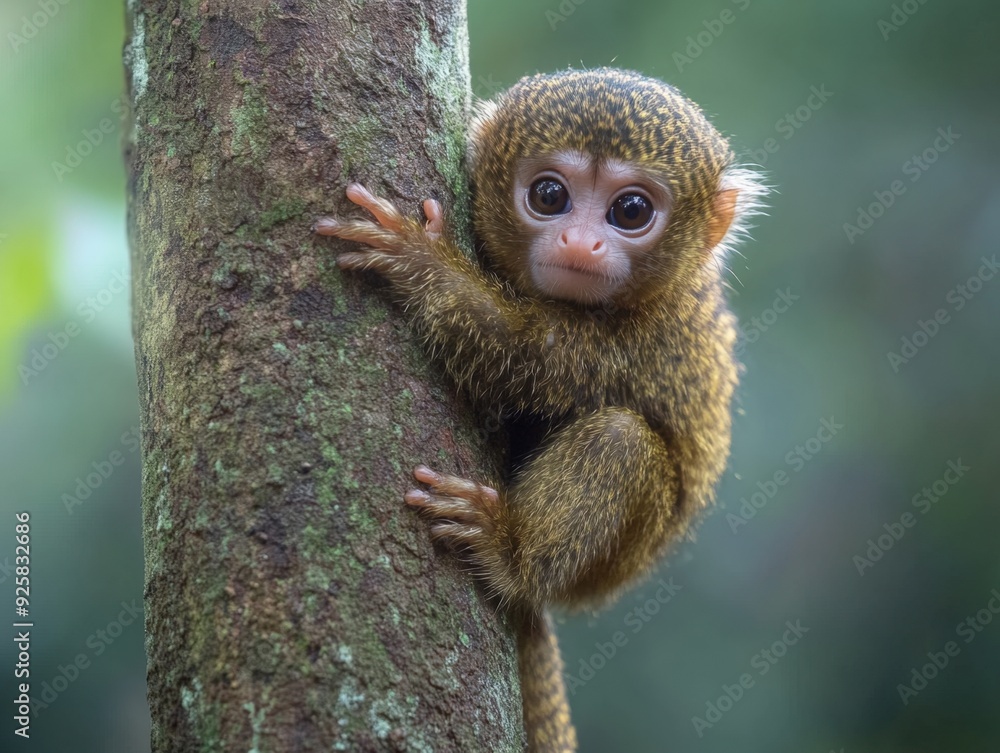 Fototapeta premium Curious monkey clings to tree trunk in lush forest during a sunny afternoon