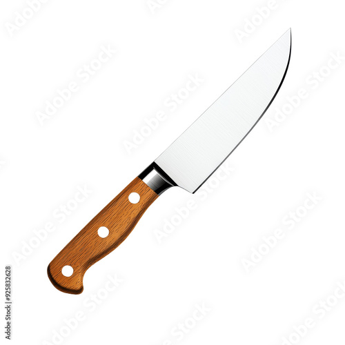 Large sharp kitchen knife with wooden handle isolated on transparent background.