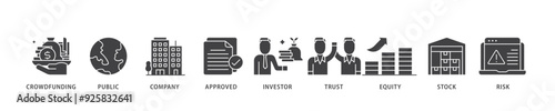 Ipo icon infographic illustration concept with icon of crowdfunding, public company, approved, investor, trust, equity, stock and risk icon live stroke and easy to edit 