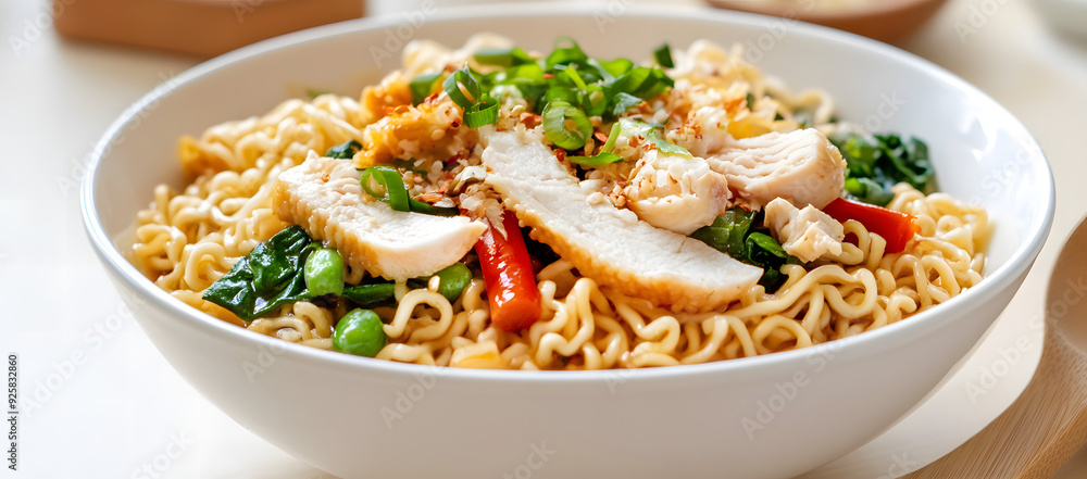 Noodles with Fresh Vegetables, Tender Chicken, and Savory Additions in a Bowl Noodles with Fresh Vegetables, Tender Chicken, and Savory Additions in a Bowl