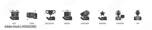 Loyalty program icon infographic illustration concept with icon of vip, support, bonus, reward, voucher, exclusive, card, gift icon live stroke and easy to edit 