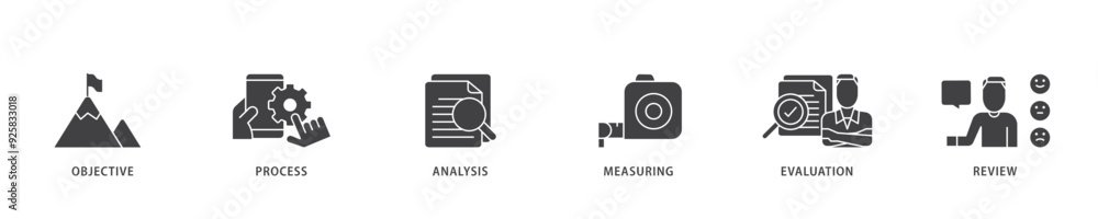 Monitoring icon infographic illustration concept with icon of objective, process, analysis, measuring, evaluation and review icon live stroke and easy to edit Monitoring icon infographic illustration concept with icon of objective, process, analysis, measuring, evaluation and review icon live stroke and easy to edit