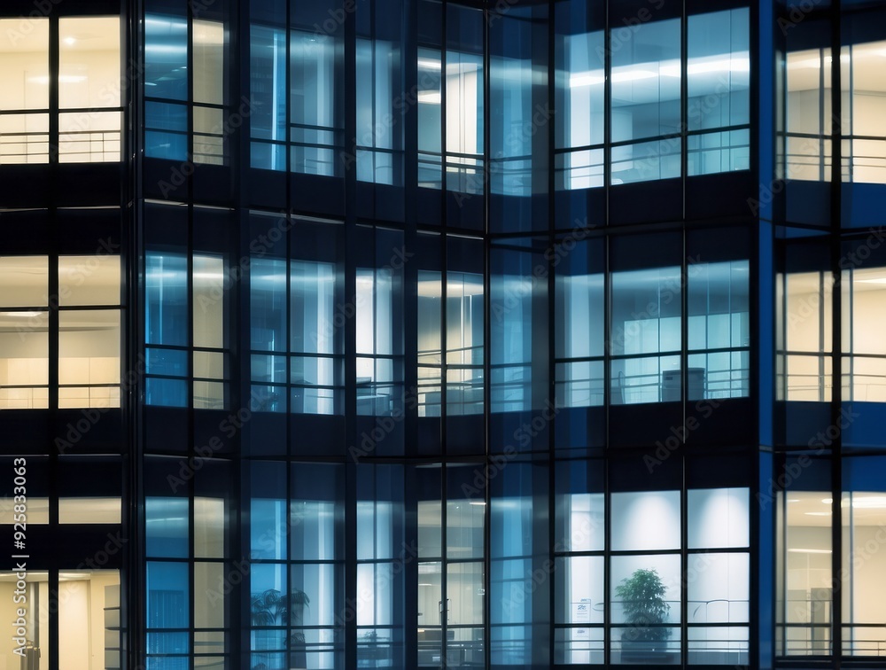 Nighttime View of a Modern Office Building with Illuminated Windows Nighttime View of a Modern Office Building with Illuminated Windows