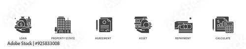 Mortgage icon infographic illustration concept with icon of loan, property estate, agreement, asset, repayment and calculate icon live stroke and easy to edit 