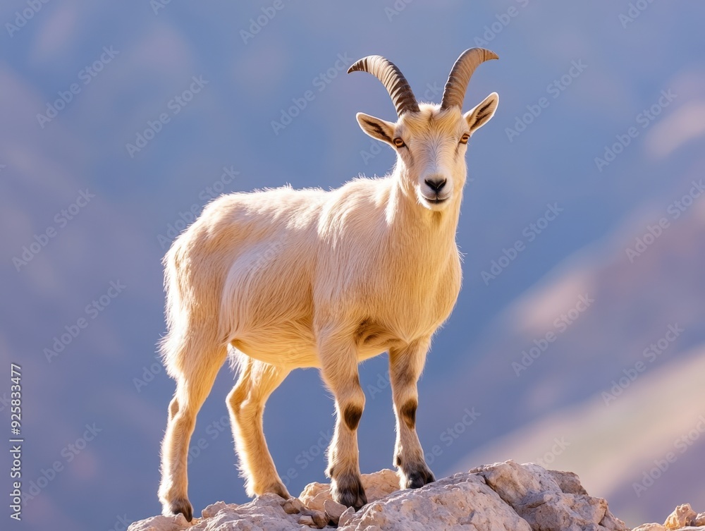 Obraz premium A young goat standing proudly on a rocky outcrop in the mountains during golden hour