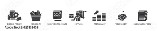 Rfp icon infographic illustration concept with icon of business proposal, supplier, procurement, premilimary, selection procedure, commodity, bidding process icon live stroke and easy to edit 