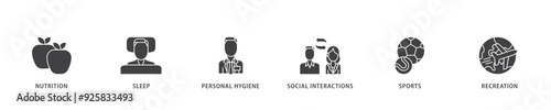 Self care icon infographic illustration concept with icon of social interactions, recreation, sports, personal hygiene, sleep, nutrition icon live stroke and easy to edit 