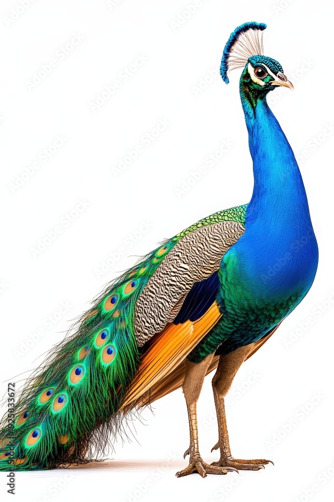 Fototapeta premium Majestic peacock displaying vibrant feathers against a clean backdrop