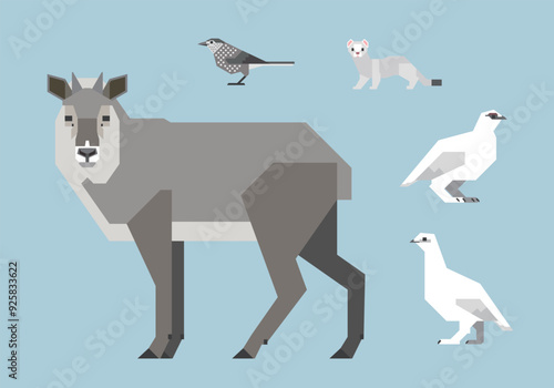 日本の高山の野生動物イラストセット（カモシカ、ライチョウ、ホシガラス、オコジョ）