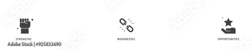 SWOT icon infographic illustration concept with icon of value, goal, break chain, low battery, growth, check, minus, and crisis icon live stroke and easy to edit 