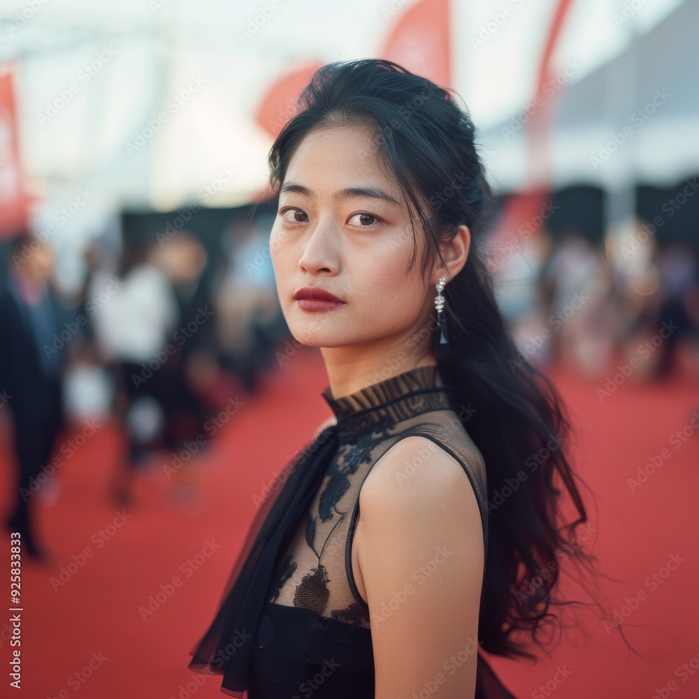 A woman in an elegant black dress stands on a red carpet, exuding confidence and grace at a prestigious event, with soft-focus crowd in the background. A woman in an elegant black dress stands on a red carpet, exuding confidence and grace at a prestigious event, with soft-focus crowd in the background.
