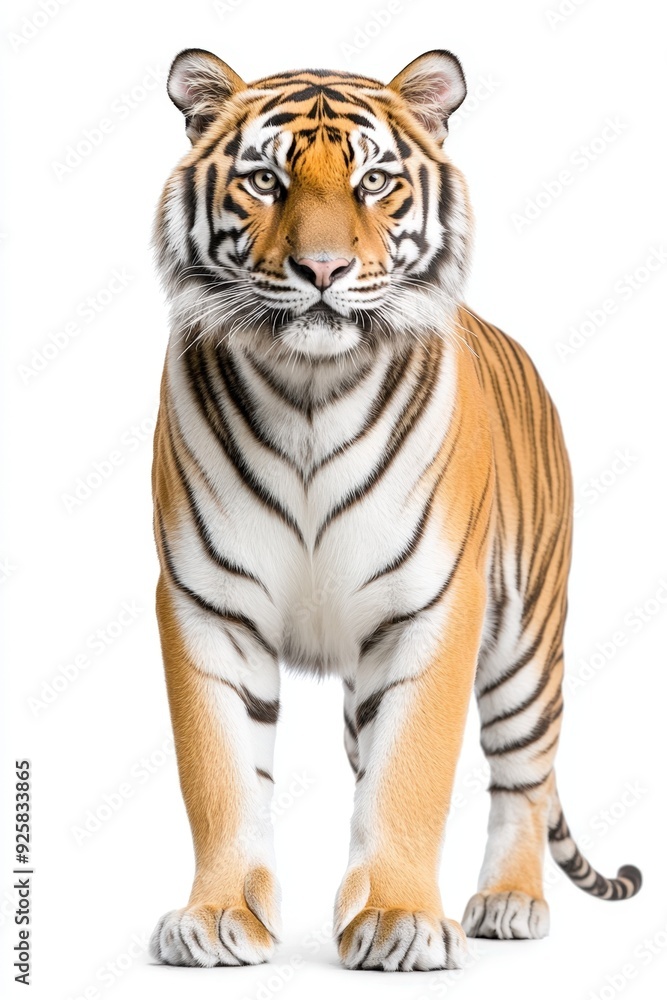 Obraz premium Majestic tiger stands confidently against a white background showcasing its strength and beauty