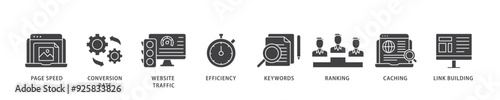Website optimization icon infographic illustration concept with icon of page speed, conversion rate, website traffic, efficiency, keywords, ranking, caching  icon live stroke and easy to edit 