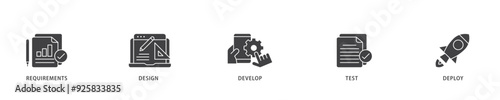 Waterfall icon infographic illustration concept with icon of requirements, design, develop, test and deploy icon live stroke and easy to edit 