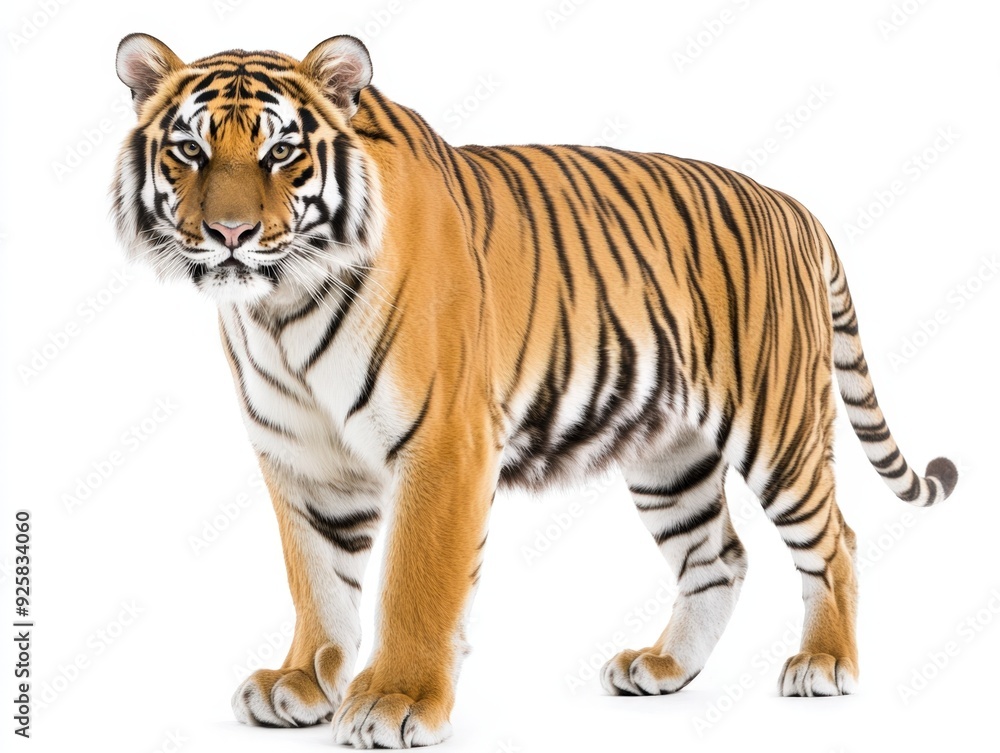 Majestic tiger stands proudly against a clean white backdrop in a serene moment Majestic tiger stands proudly against a clean white backdrop in a serene moment