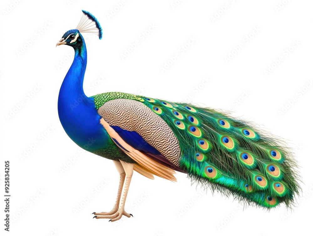 Fototapeta premium Majestic peacock displaying its vibrant plumage in natural sunlight