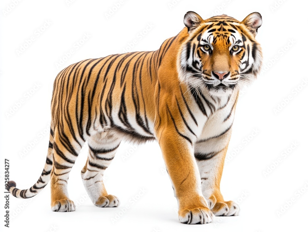 A majestic tiger stands confidently on a white background, showcasing its striking stripes A majestic tiger stands confidently on a white background, showcasing its striking stripes
