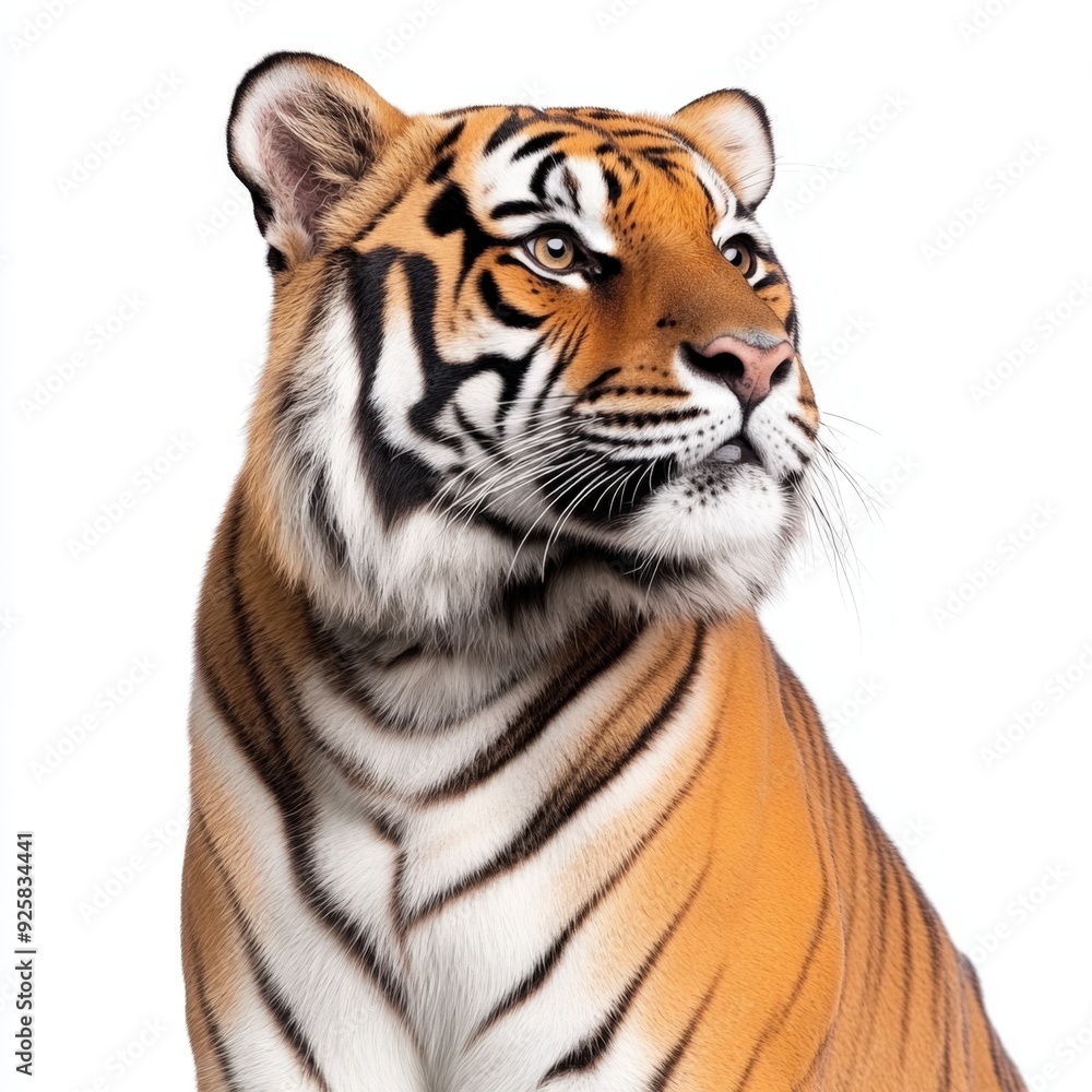 Majestic tiger gazing into the distance against a bright background Majestic tiger gazing into the distance against a bright background