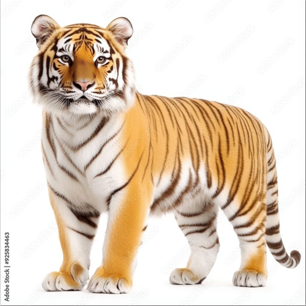 Majestic tiger standing tall against a pristine white backdrop Majestic tiger standing tall against a pristine white backdrop