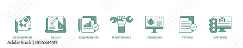 Agile icon infographic illustration concept with icon of development, design, requirements, maintenance, debugging, testing and software icon live stroke and easy to edit 