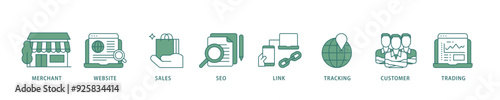 Affiliate marketing icon infographic illustration concept with icon of trading, seo, tracking, customer, link, sales, website, merchant icon live stroke and easy to edit 