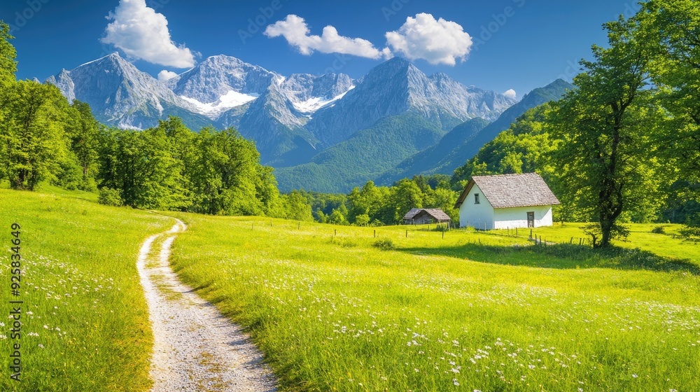 Obraz premium a beautiful green meadow with a path leading to a house