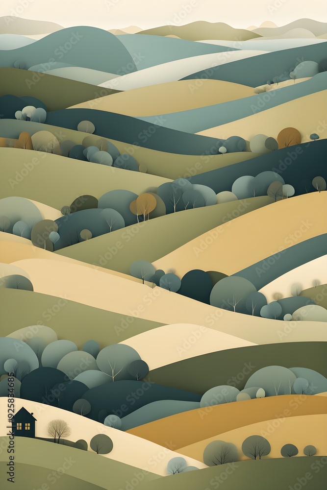 Fototapeta premium landscape set in paper art style featuring houses tucked between verdant trees and rolling hills