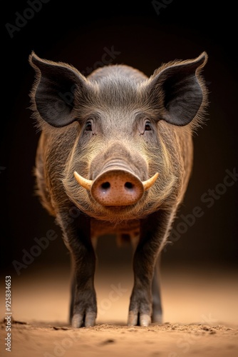 A curious wild boar exploring the forest floor at dusk