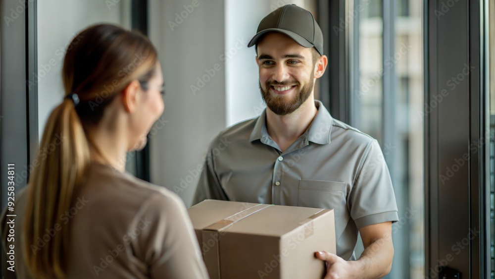 A delivery technician handling a parcel, with a focus on customer service and delivery efficiency. A delivery technician handling a parcel, with a focus on customer service and delivery efficiency.