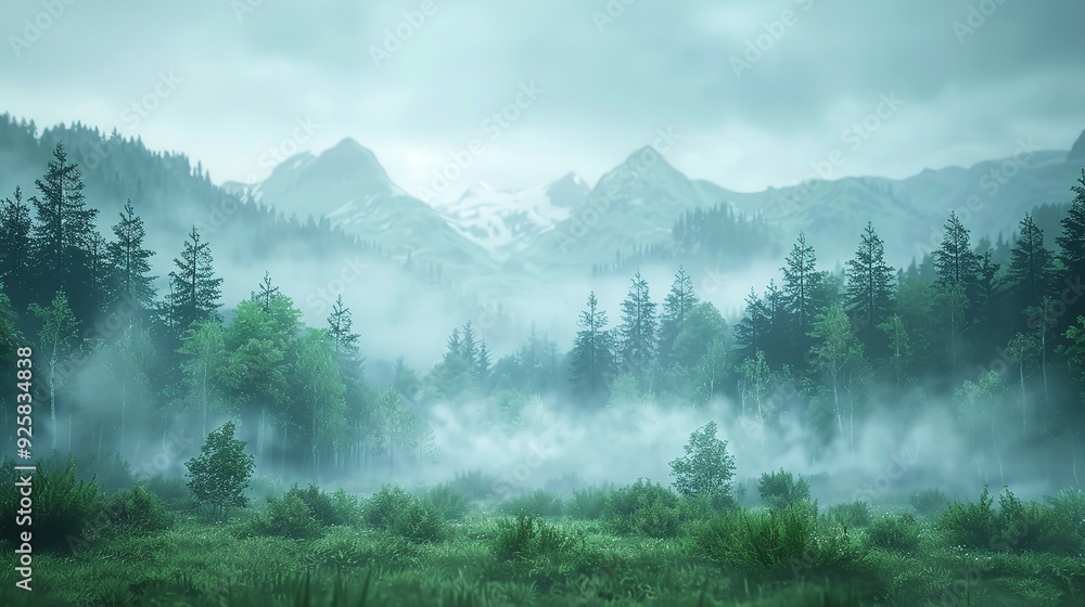 Fototapeta premium A serene, mountain landscape background with misty peaks and evergreen trees.