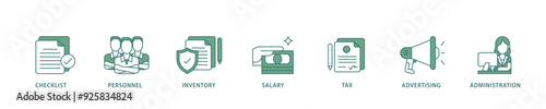 Cost reduction icon infographic illustration concept with icon of checklist, personnel, inventory, salary, tax, advertising and administration icon live stroke and easy to edit 