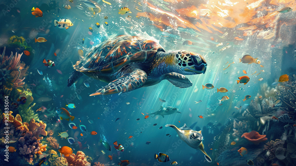 Fototapeta premium sea turtle swimming in the deep ocean 