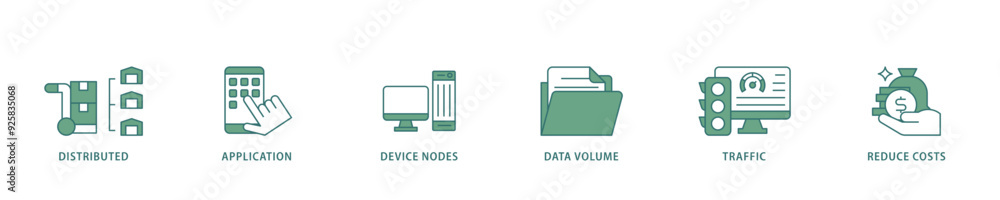Edge computing icon infographic illustration concept with icon of distributed computing, application, device nodes, data volume, traffic and reduce costs icon live stroke and easy to edit Edge computing icon infographic illustration concept with icon of distributed computing, application, device nodes, data volume, traffic and reduce costs icon live stroke and easy to edit