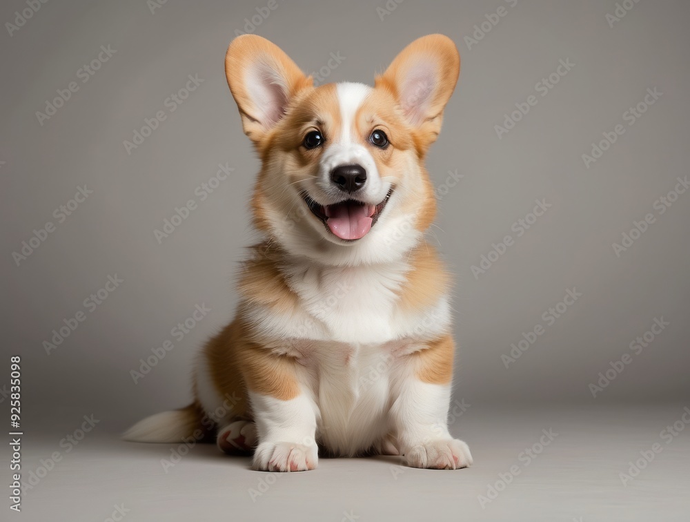 A Smiling Pembroke Welsh Corgi Puppy Sitting on a Grey Background A Smiling Pembroke Welsh Corgi Puppy Sitting on a Grey Background